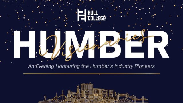 Hull College promotional image titled 'Humber Visionaries' with a sparkling night sky background. Gold city skyline at the bottom and text honoring industry pioneers.