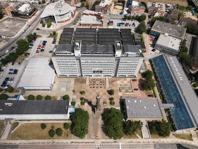 drone shot of the hull college campus showing tower block