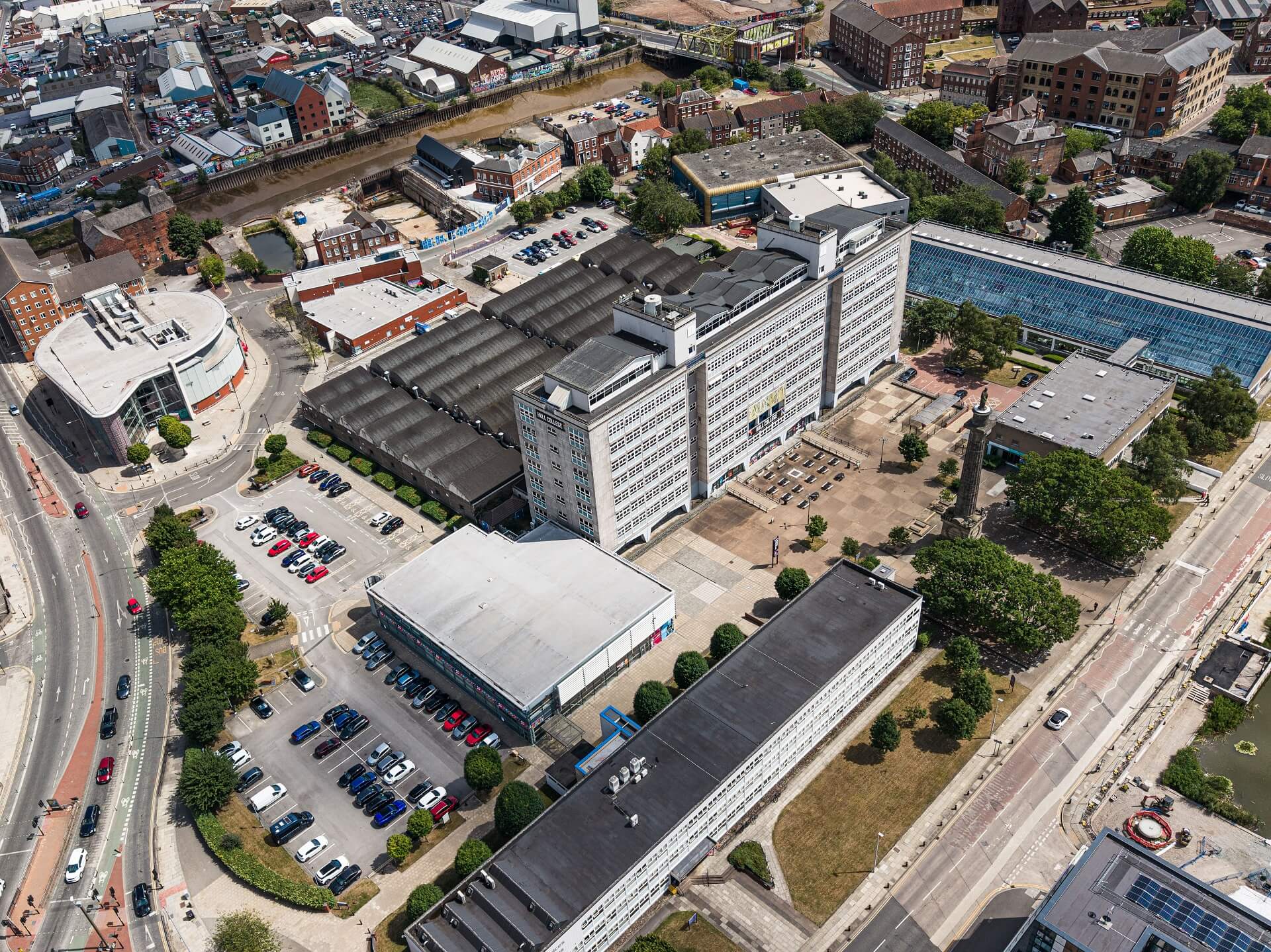 close up drone shot of the hull college campus