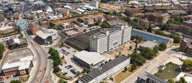 drone shot of the hull college campus with river humber in the background