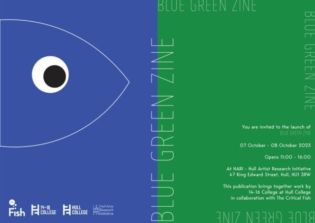 Blue cover with a minimalistic fish design and black eye. Green right side with "Blue Green Zine" text. Event details for a zine launch on October 7-8, 2023, are included.