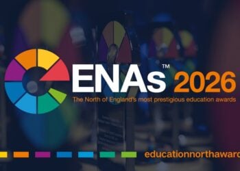 Colourful logo for the ENAs 2026, The North of England's education awards, with blurred trophy shapes in the background; website link included.