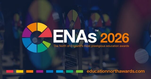 Colourful logo for the ENAs 2026, The North of England's education awards, with blurred trophy shapes in the background; website link included.