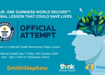 A blue graphic for a Guinness World Record attempt on World Mental Health Day, October 10, 2025, features a human head with a tree growing from it, symbolizing growth and awareness. Event info and logos for Hull College, Smith+Nephew, Think Mental Health, and Think Cloud are included.