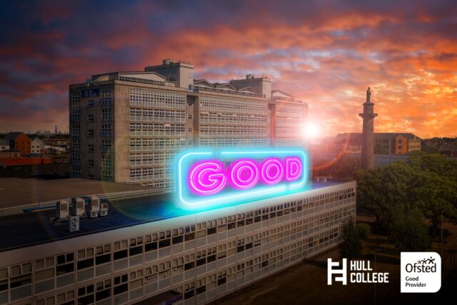 Tall building at sunset with a neon "GOOD" sign glowing bright. Hull College and Ofsted logos visible. Calm, optimistic atmosphere.