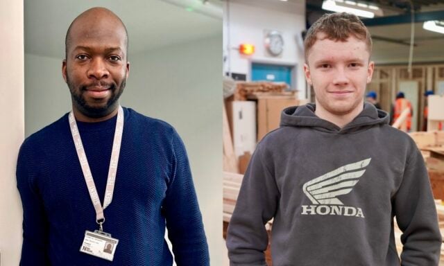 Two men standing indoors, one wearing a blue sweater with an ID lanyard and the other in a grey Honda hoodie. The setting is warm and engaging.