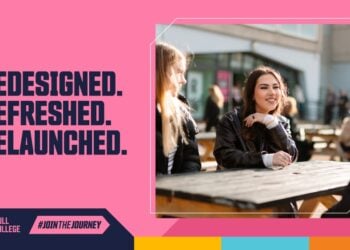 Hull College banner with bold text 'Redesigned. Refreshed. Relaunched.' alongside an image of two smiling students at an outdoor picnic table on campus. The mood is vibrant and welcoming, encouraging new beginnings. #JoinTheJourney.