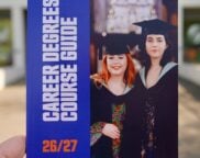 Cover titled "Career Degrees Course Guide" features two graduates in caps and gowns. They're standing in front of stained glass, exuding pride and achievement.