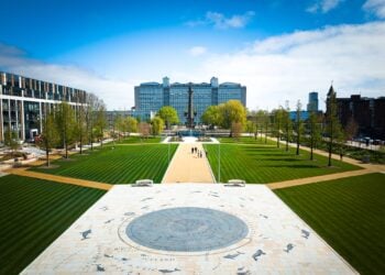 View of Hull College from the recently refurbished Queen’s Gardens in Hull city centre