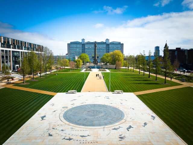 View of Hull College from the recently refurbished Queen’s Gardens in Hull city centre