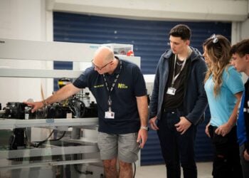 Nick Marshall, Head of Engineering and Advanced Motor Vehicle at Hull College, showing students some of the specialist equipment in greenwave